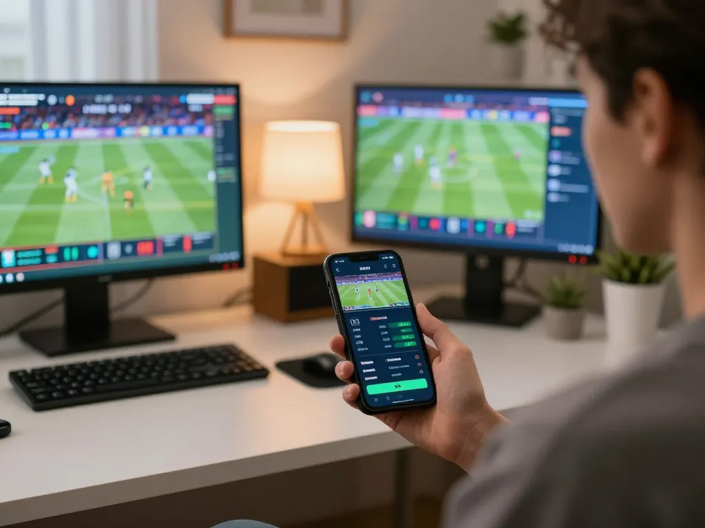 O8 user strategizing sports bets on smartphone in modern home office