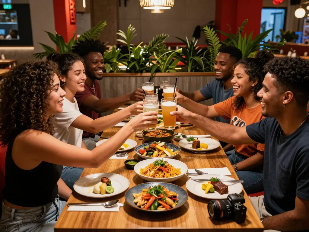 Friends dining at Red88 enjoying Asian fusion cuisine in a vibrant restaurant atmosphere