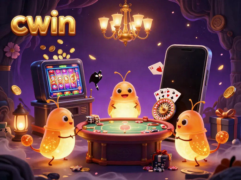 Cwin casino scene featuring glowworms illuminating a cave with vibrant 3D gaming elements, showcasing excitement.