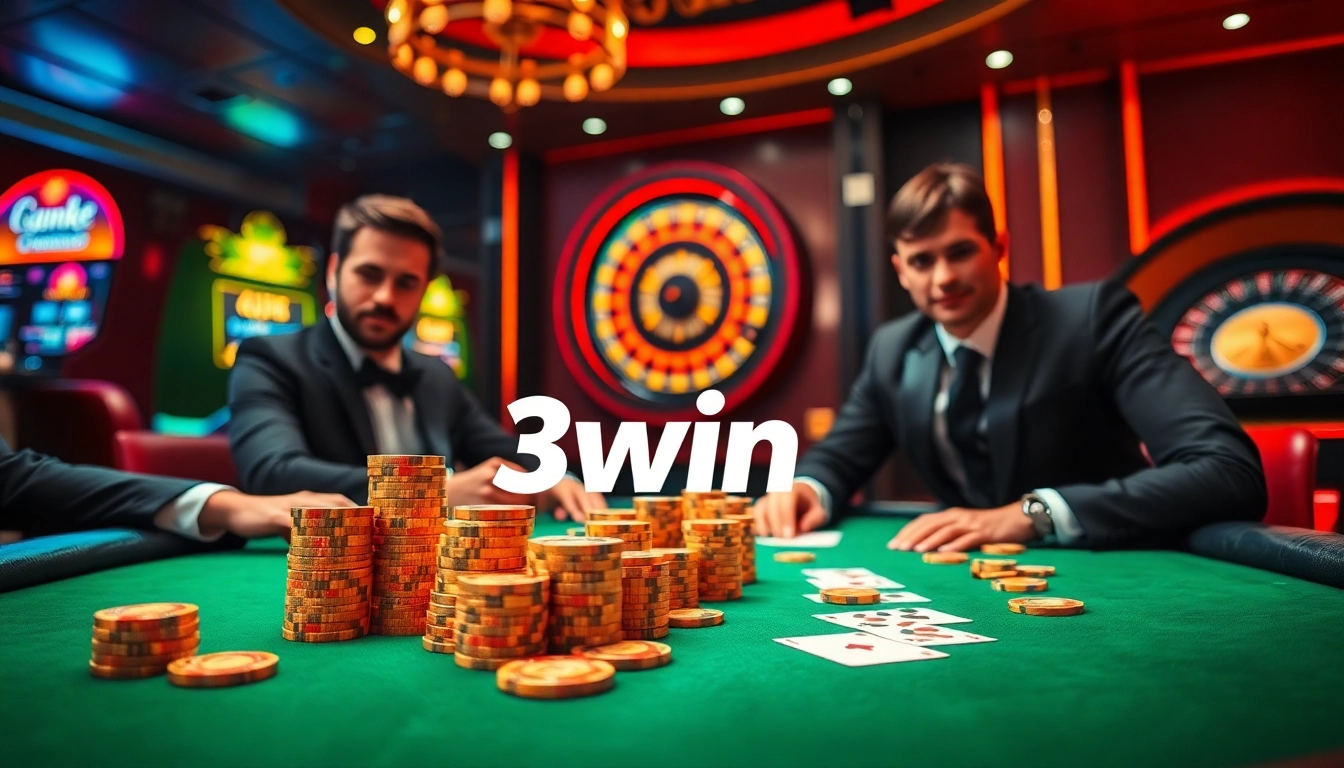 Engaging gambling experience at a 3win poker table with players and vibrant casino elements.