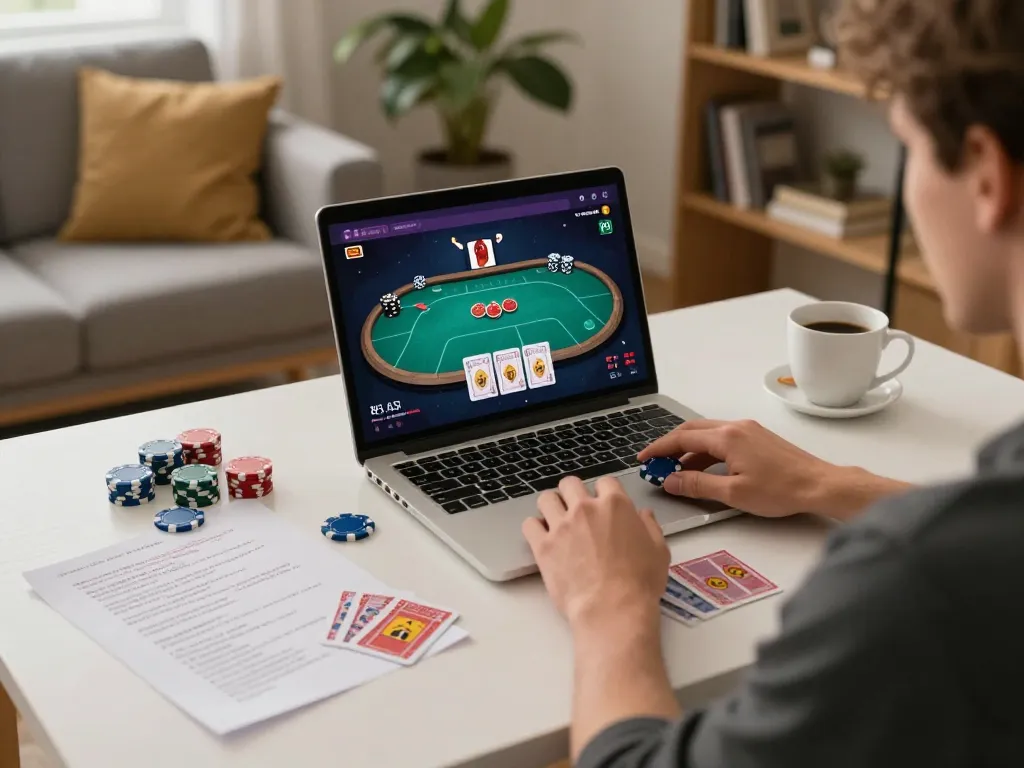 Engaged player winning at online poker game with 68gamebaivn interface on laptop