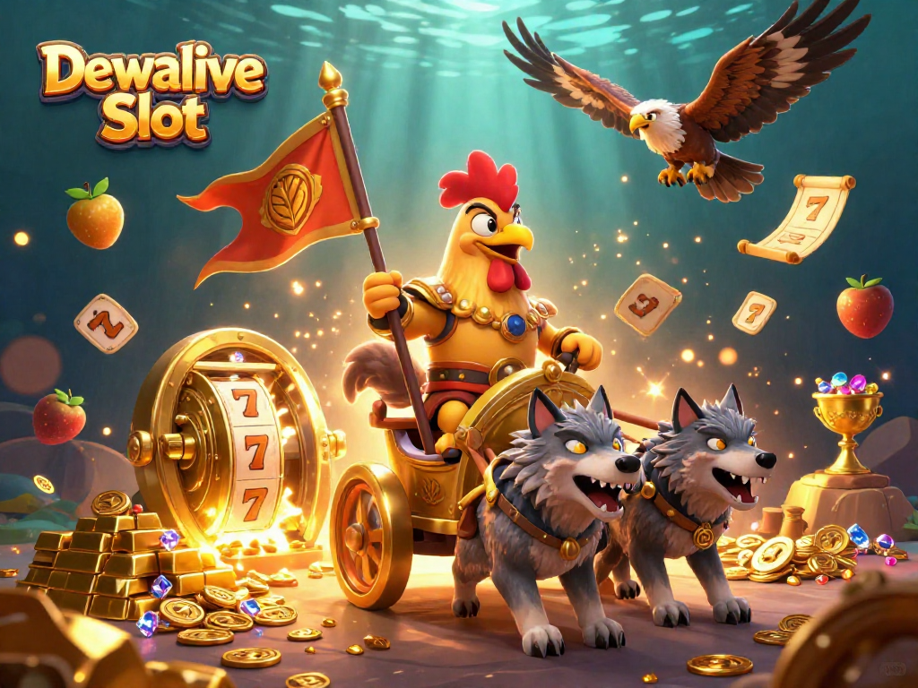 Dewalive Slot showcases a vibrant 3D scene with gold treasures and dynamic slot elements.