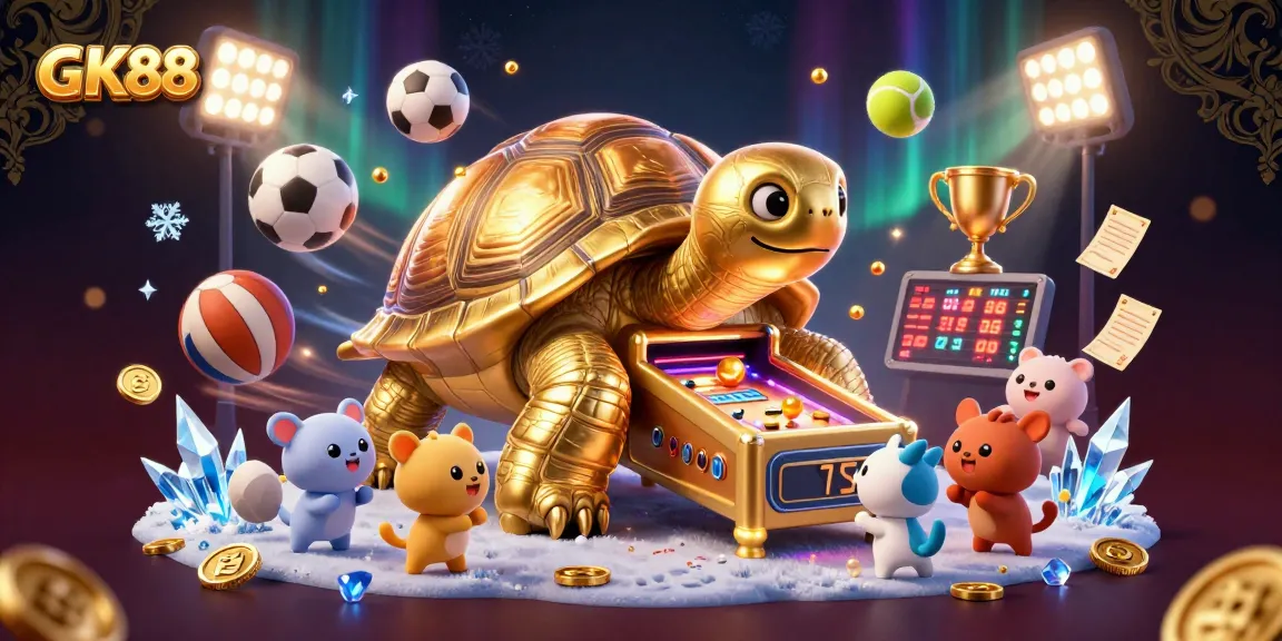 Experience thrilling gameplay at GK88 with a 3D casino illustration featuring a colossal golden tortoise pinball machine and dynamic sports elements.