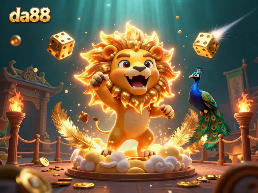 Experience thrilling gaming moments with da88 as the sun lion roars amidst glory and golden dice.