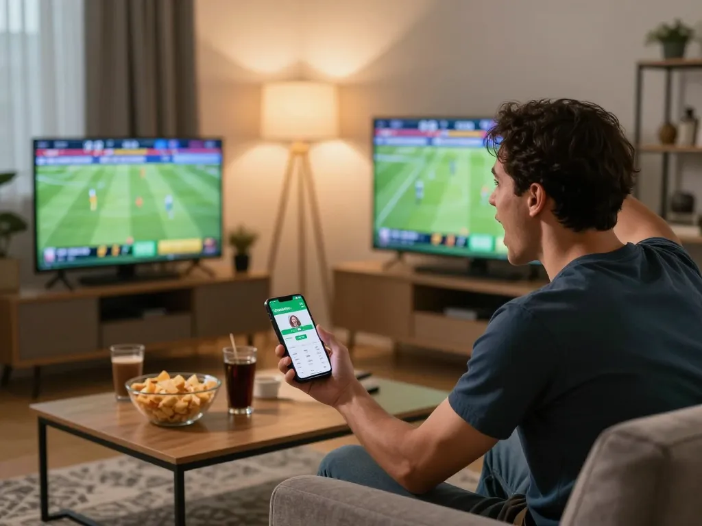 Bongdalu sports betting fan eagerly engaging on multiple screens during an exciting game.