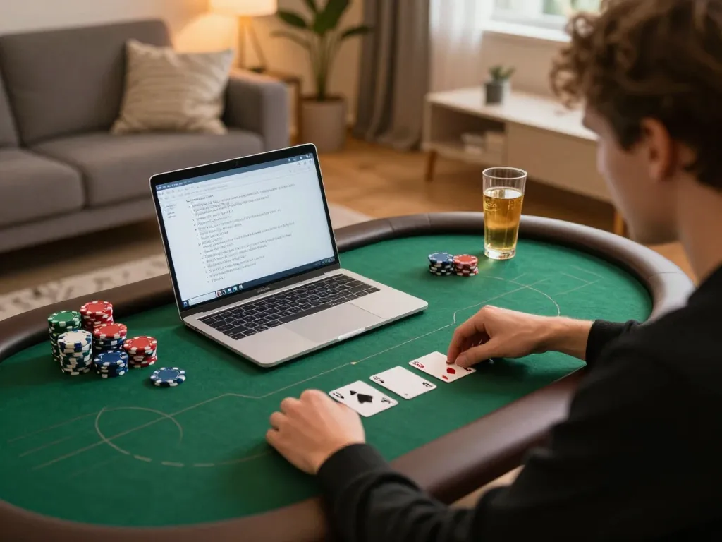 Tg88 poker night online gaming experience with cozy home setup and strategy notes.
