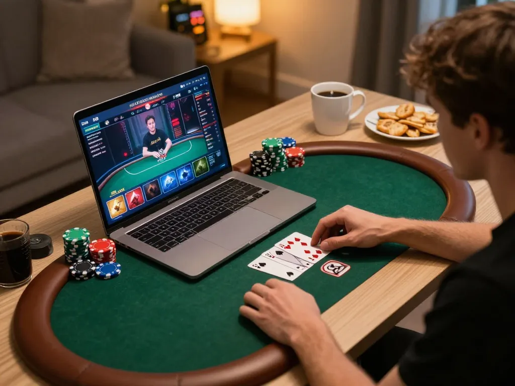 BET88 players engaging in thrilling online poker session with vibrant cards and chips visible