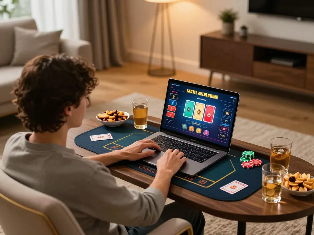 Luck8 player engaging in live dealer game on laptop at home, showcasing a strategic online gaming experience.