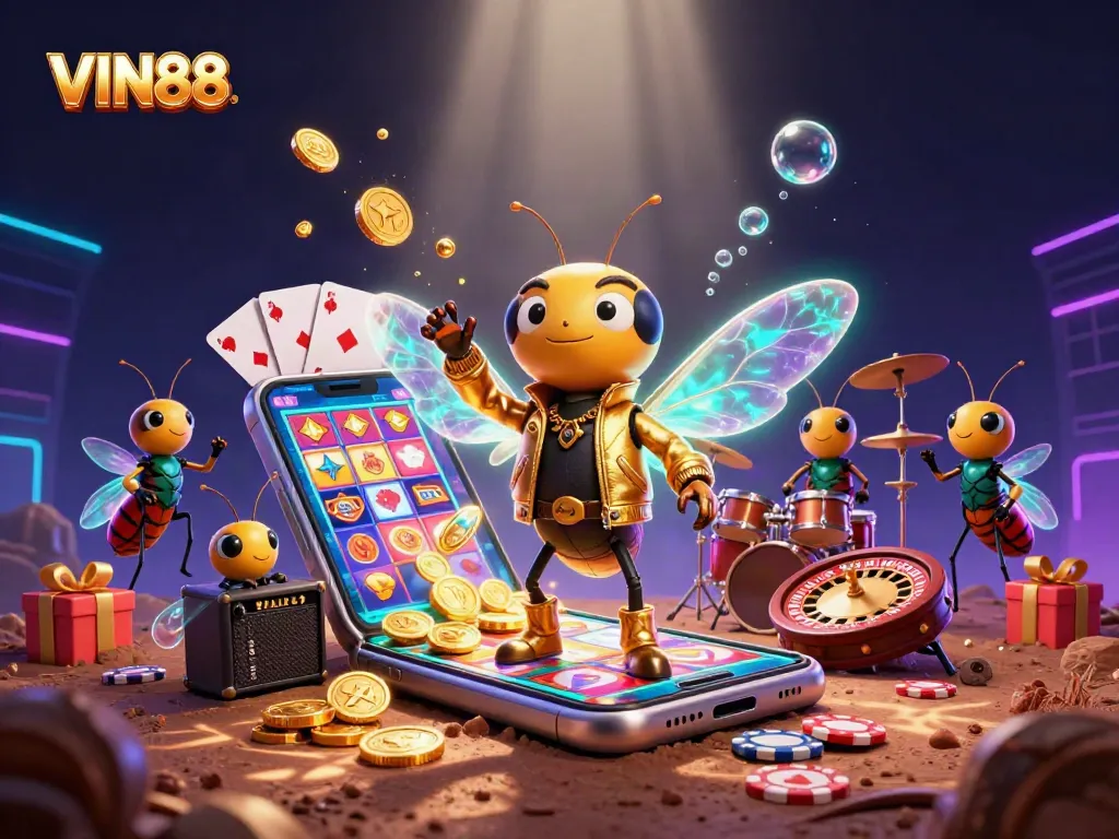 Spin and win with VIN88 as the cicada rock star takes center stage in this electrifying casino scene.