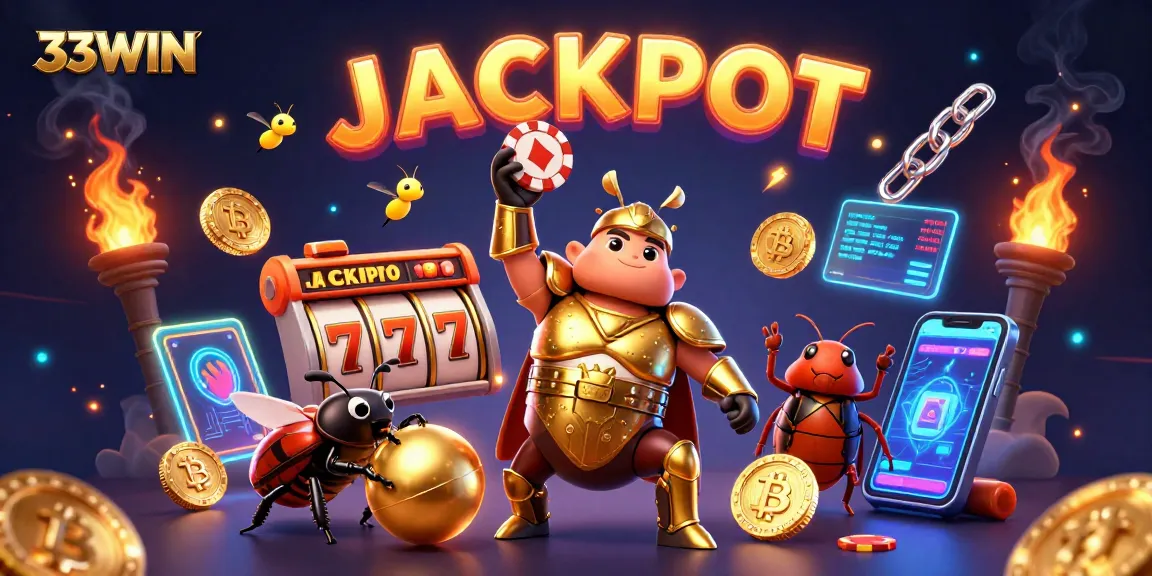33WIN features an exciting victory scene with a cartoon beetle lifting a poker chip amidst vibrant casino elements.