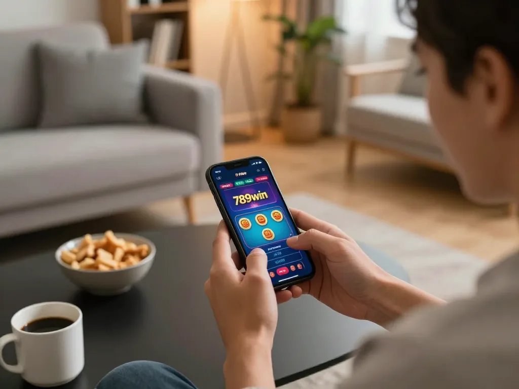 Engaging scene with player using the 789win mobile app for online gambling at home.