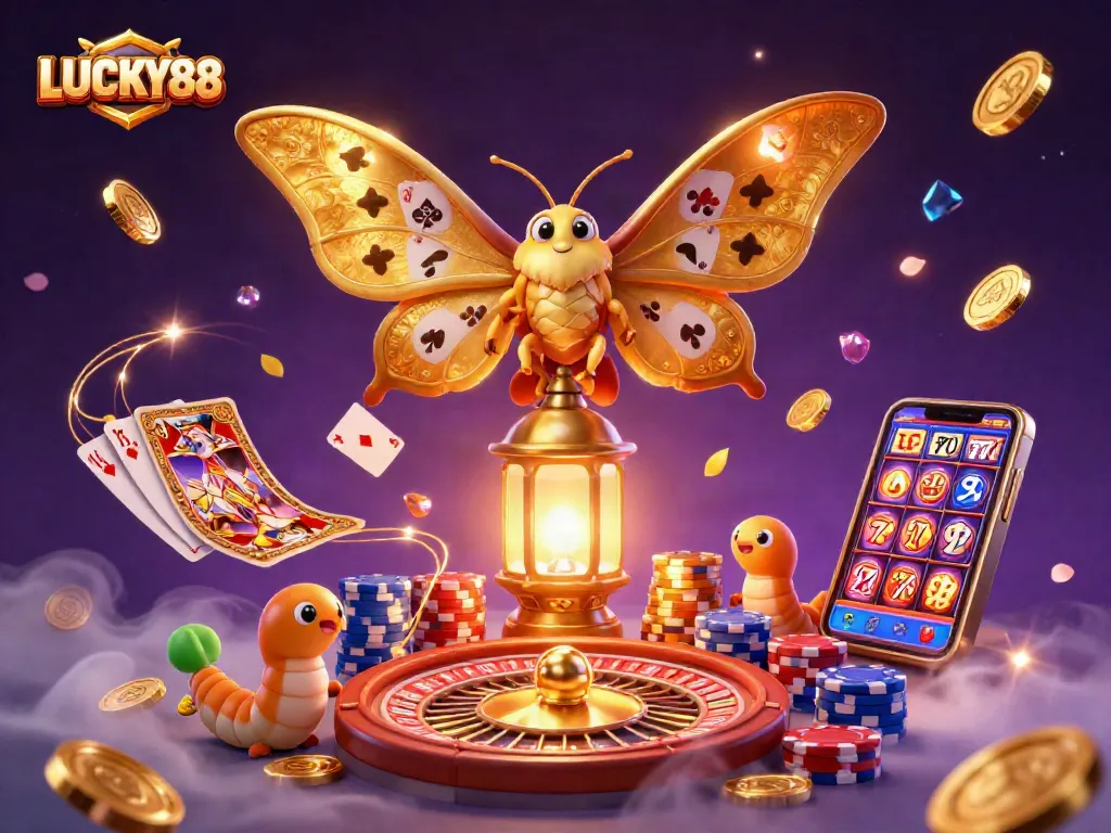 Spin and win with LUCKY88's vibrant illustration showcasing thrilling casino elements.