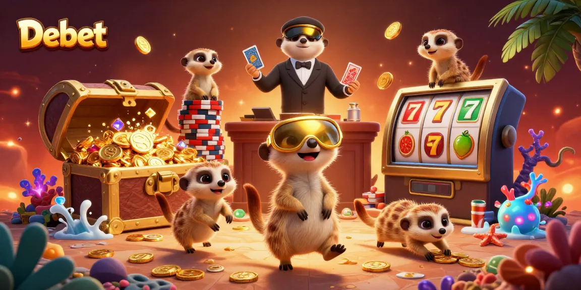 Debet showcases a lively meerkat casino scene filled with vibrant slot game elements and rich details.