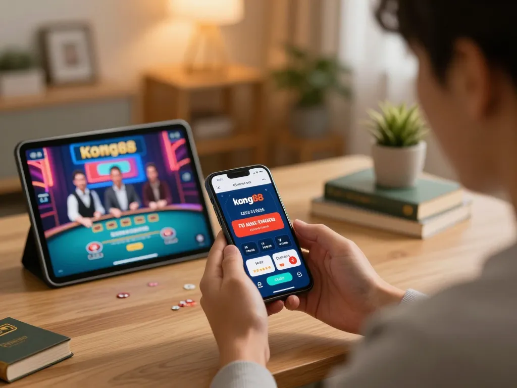 Engaging with kong88 app on smartphone while enjoying dynamic home gaming atmosphere