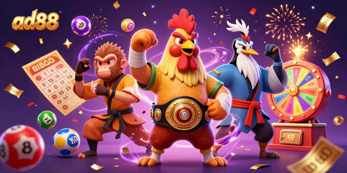 Engage with ad88's vibrant lottery scene featuring a Muay Thai rooster and a Shaolin monkey.