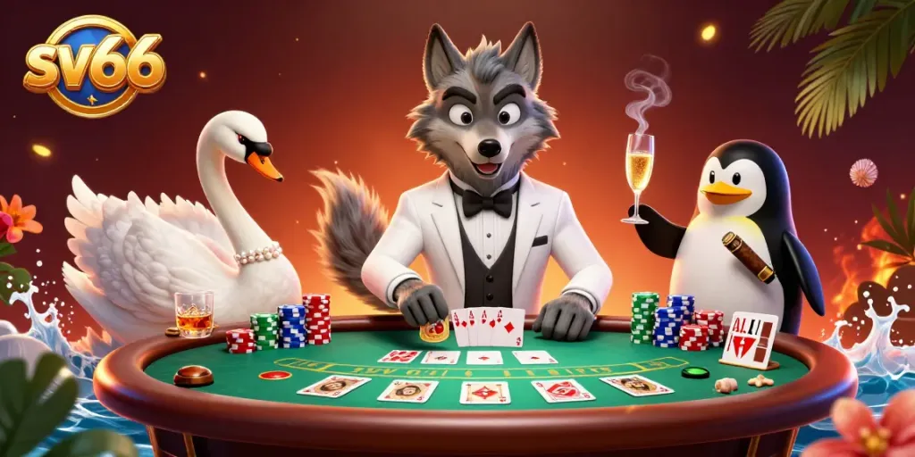 Bet on sv66 as the cartoon wolf enjoys the baccarat game surrounded by playful characters.