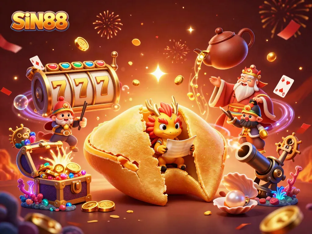 SIN88 showcases a vibrant casino scene with a golden fortune cookie, dragon, slot reels, and underwater treasures.