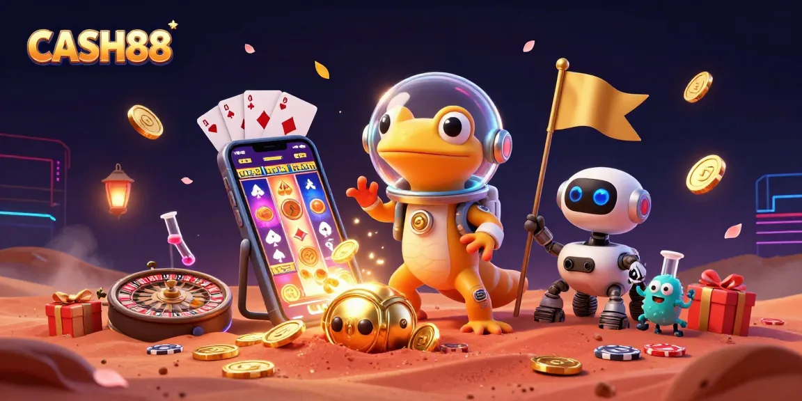 CASH88's dynamic gaming experience with a Martian gecko discovering a golden casino in a vibrant, 3D illustration.