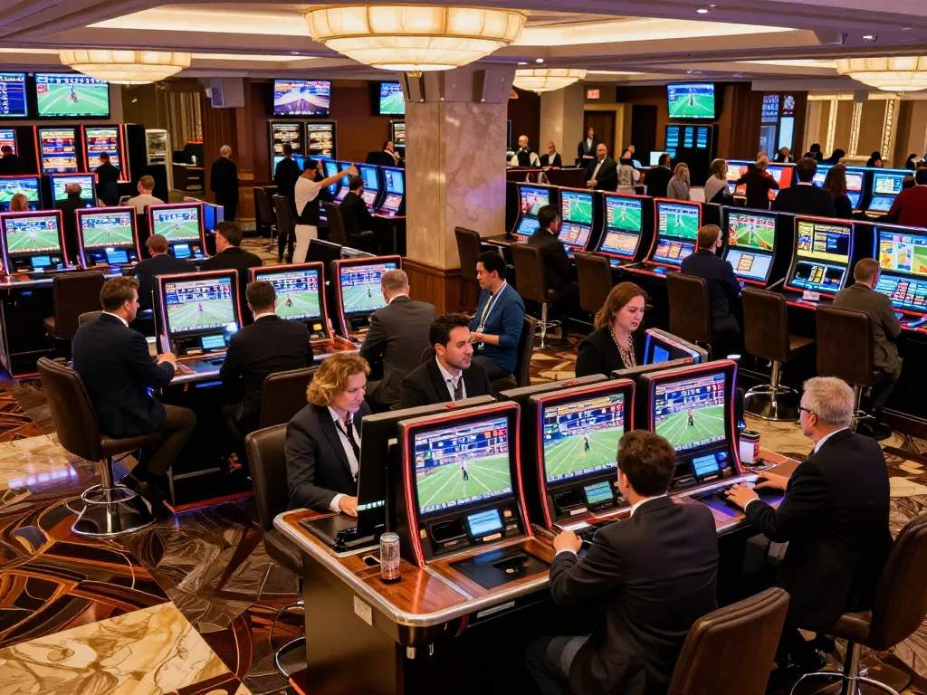 Engaged bettors at MB88's sports betting area placing wagers during a live event