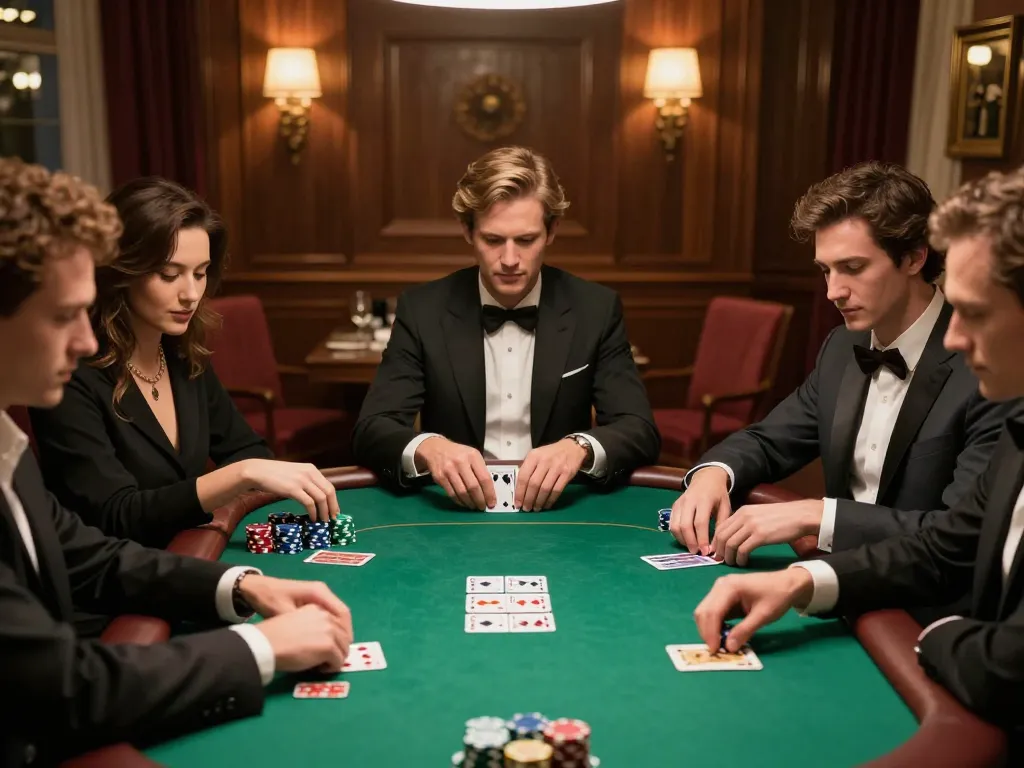 Players enjoying a strategic poker game in an upscale setting, showcasing the excitement of gambling with kk44.