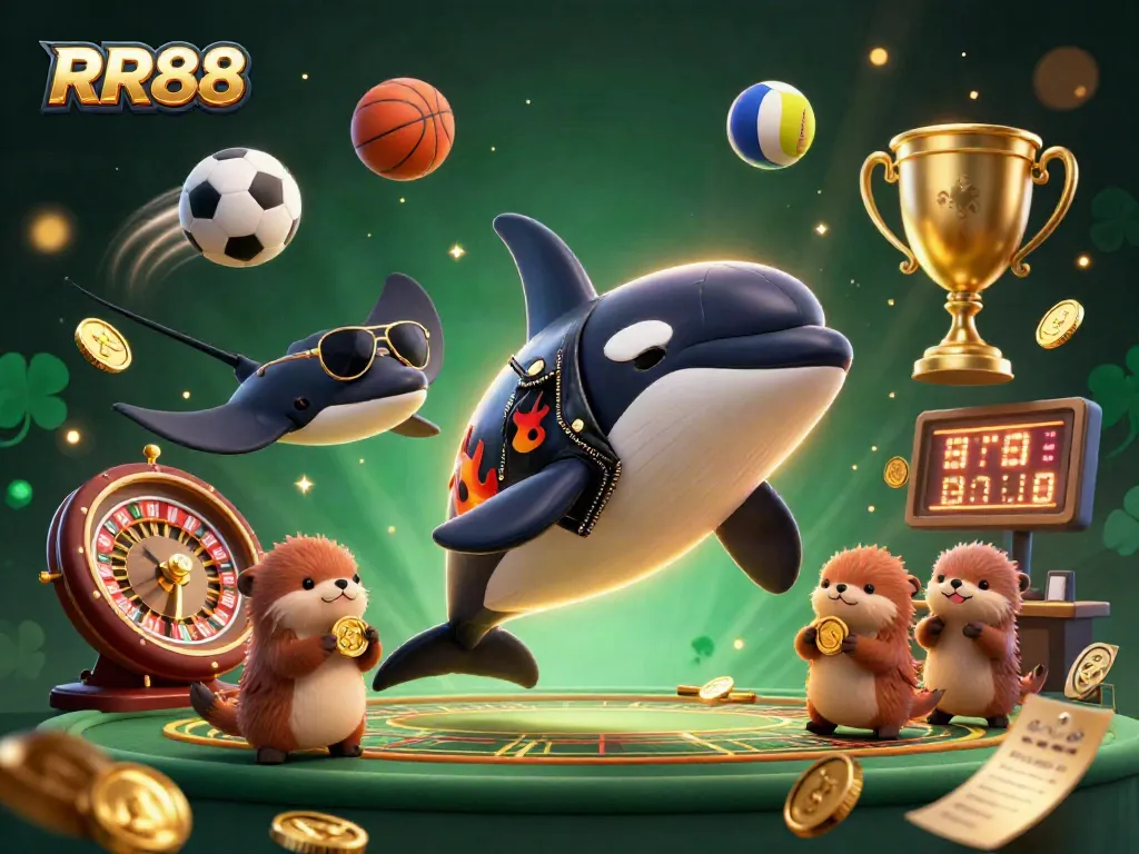 Discover RR88's vibrant casino world with an epic 3D scene featuring a winning whale, stingray, and otters.
