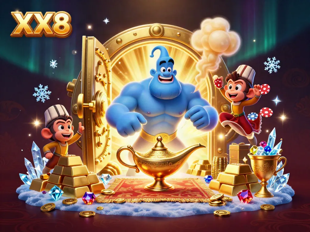 Engage with the captivating XX8 online casino adventure featuring a vibrant genie and treasure.