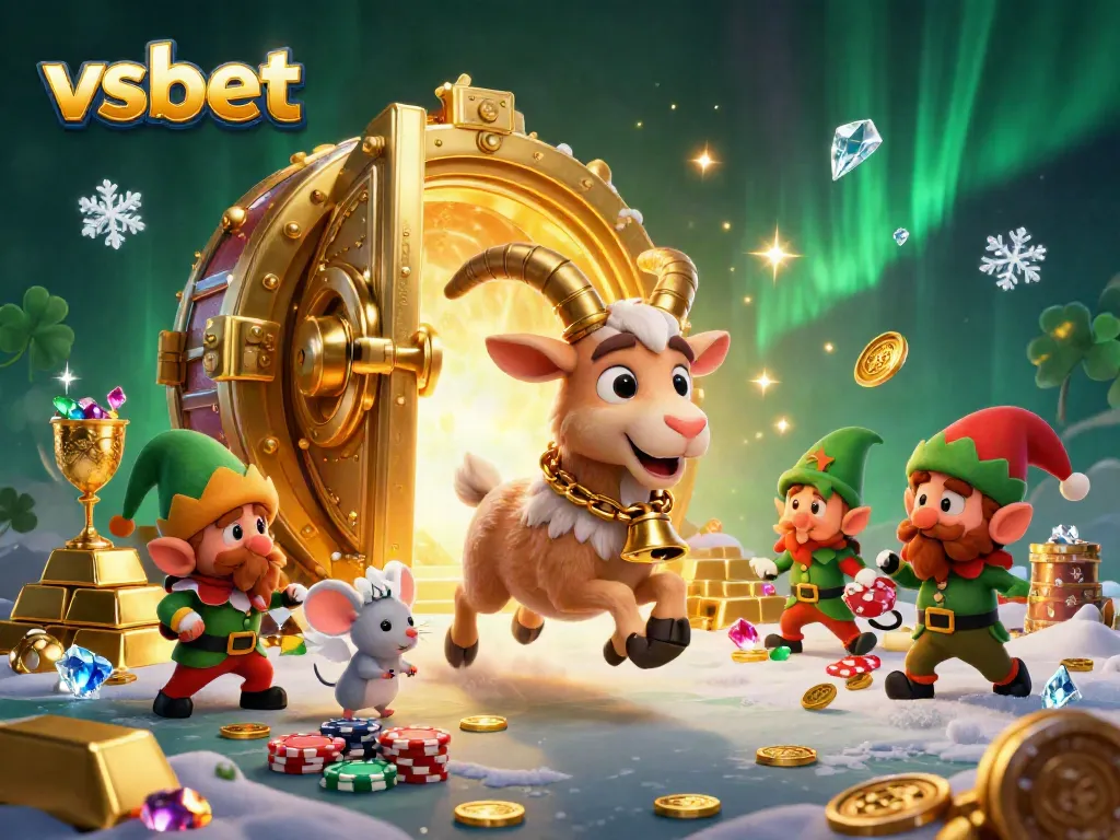 Spin to win at VSBET's festive casino featuring cartoonish characters and gleaming treasures.