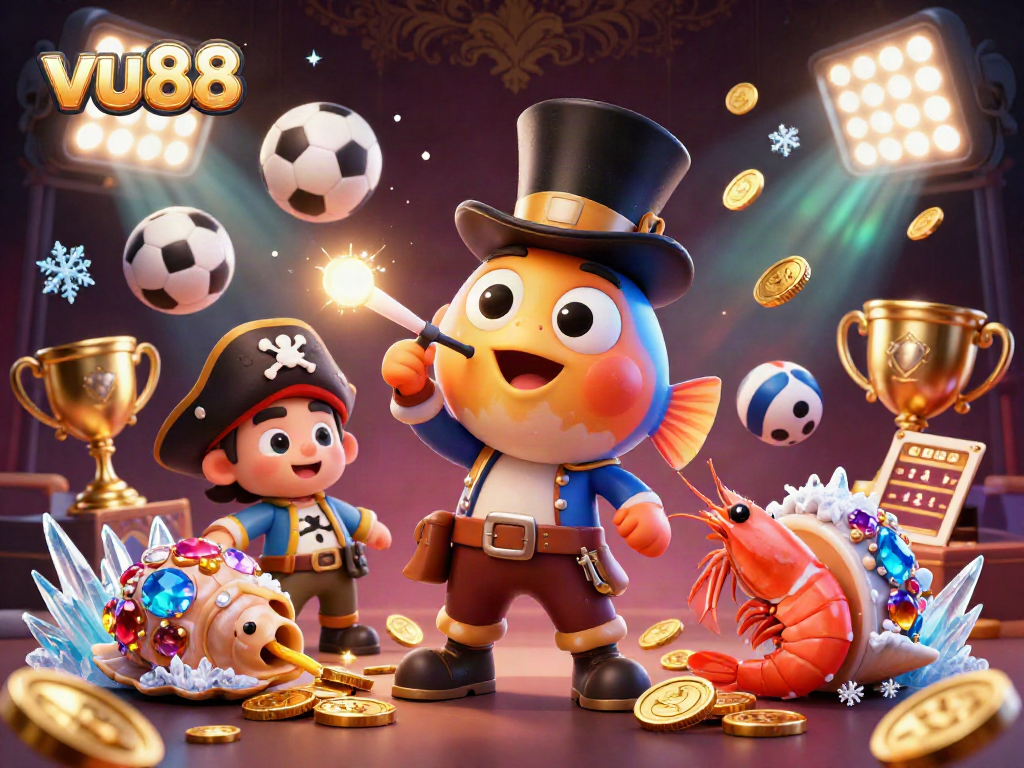 vu88 energizes with a vibrant 3D cartoon illustration of an anglerfish attracting golden coins amidst sports elements.