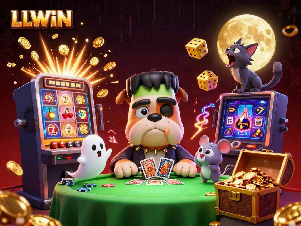 Engage with LLWIN's thrilling casino scene featuring 3D cartoon characters amidst a jackpot explosion.