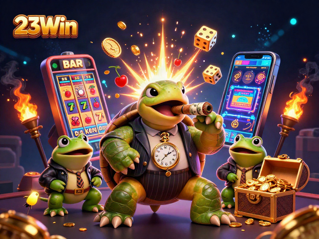 Engage with 23Win's vibrant casino scene featuring a cartoon turtle and jackpots.