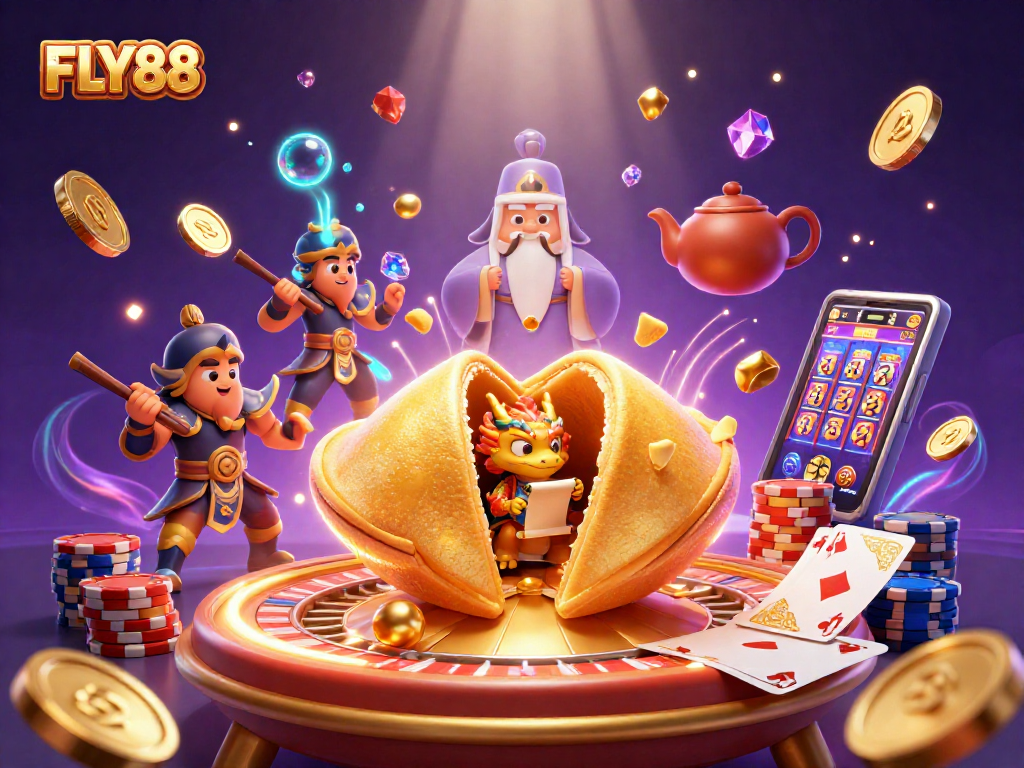 FLY88 offers a thrilling jackpot experience with dynamic visuals of casino games and fortune symbols.