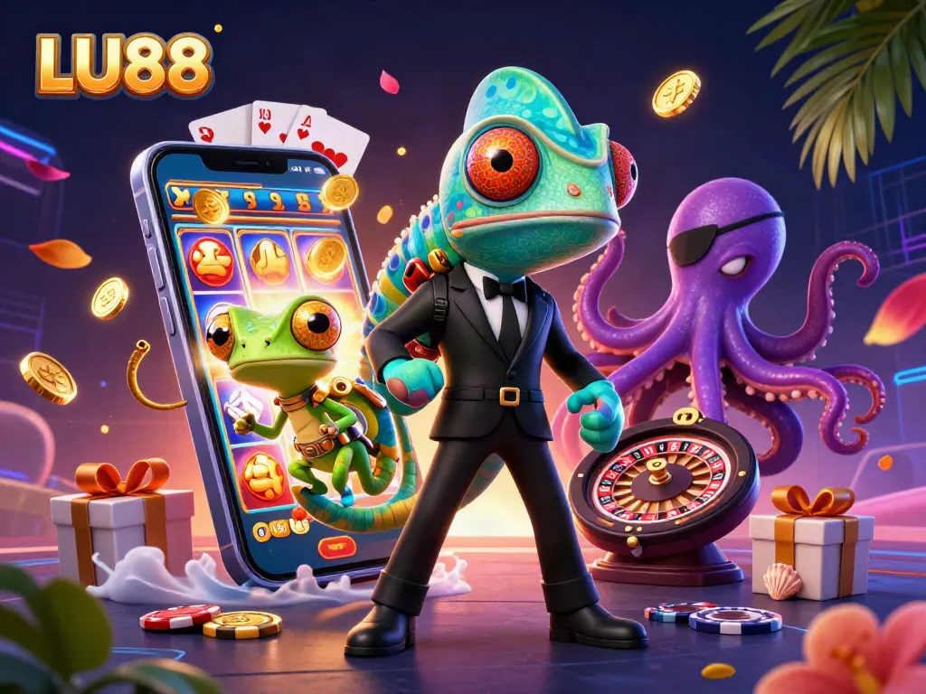 LU88 chameleon agent in a vibrant casino scene, showcasing exciting gaming elements.