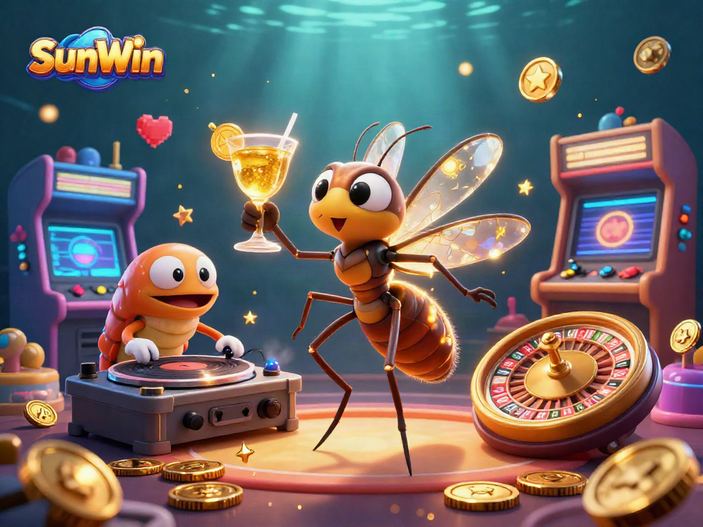 Experience the thrill of SunWin as an animated mosquito mascot celebrates gaming with dazzling visuals.