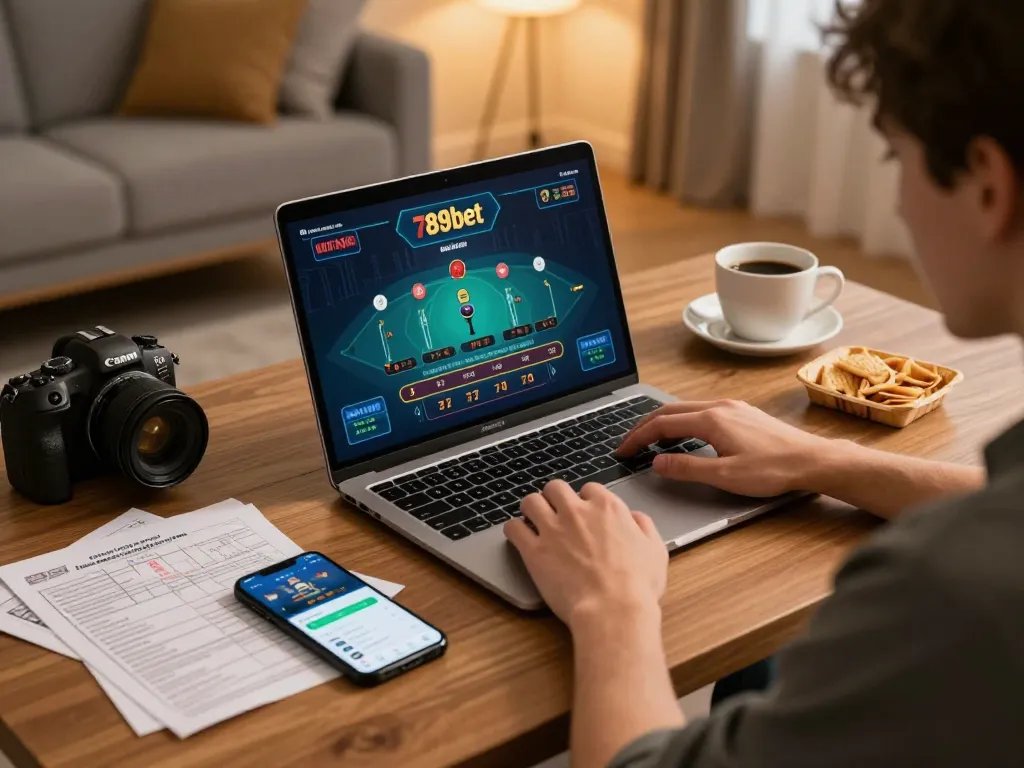 Engaging with 789bet on a laptop at home, showcasing an online gaming setup with strategy notes.