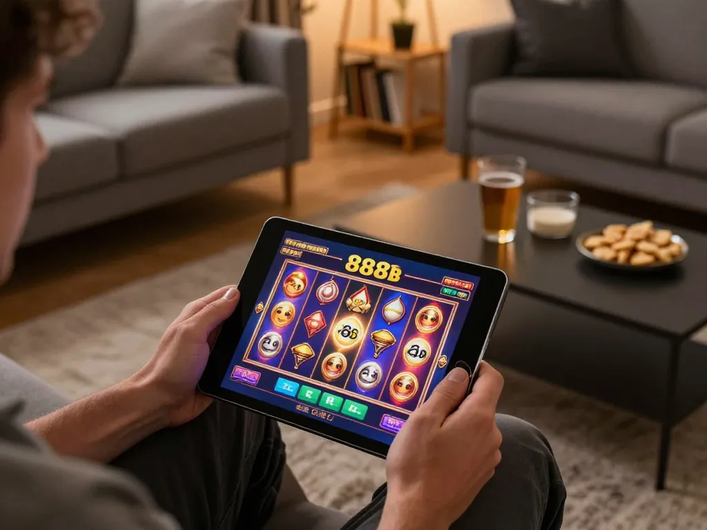 Engaging online gaming experience with 888b on a tablet, showcasing slot game excitement in a cozy living room.