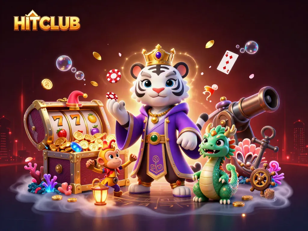 Engage with HITCLUB as a playful monkey juggles poker chips amidst a vibrant casino scene.