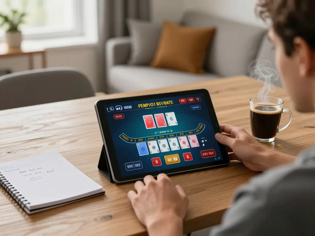 Player engaging with fly88 online casino app during a strategic blackjack session at home.