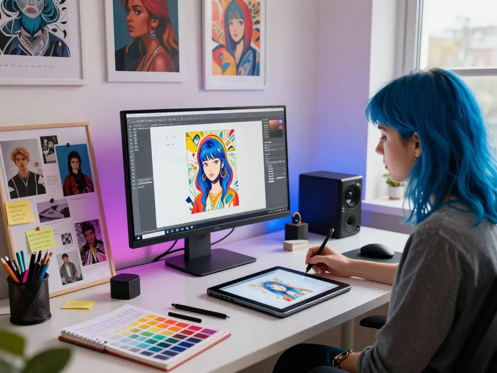Artist using an image to prompt generator at a creative workspace, surrounded by design tools and vibrant art.