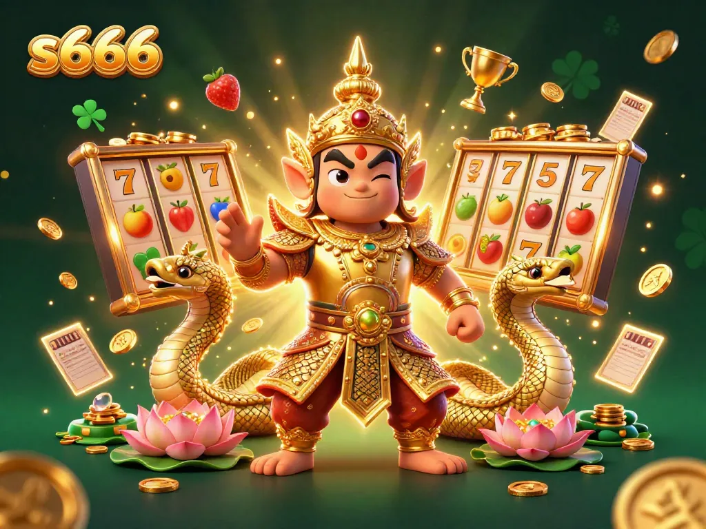 S666 slots scene featuring a Thai guardian and mixed gaming elements for an engaging experience.