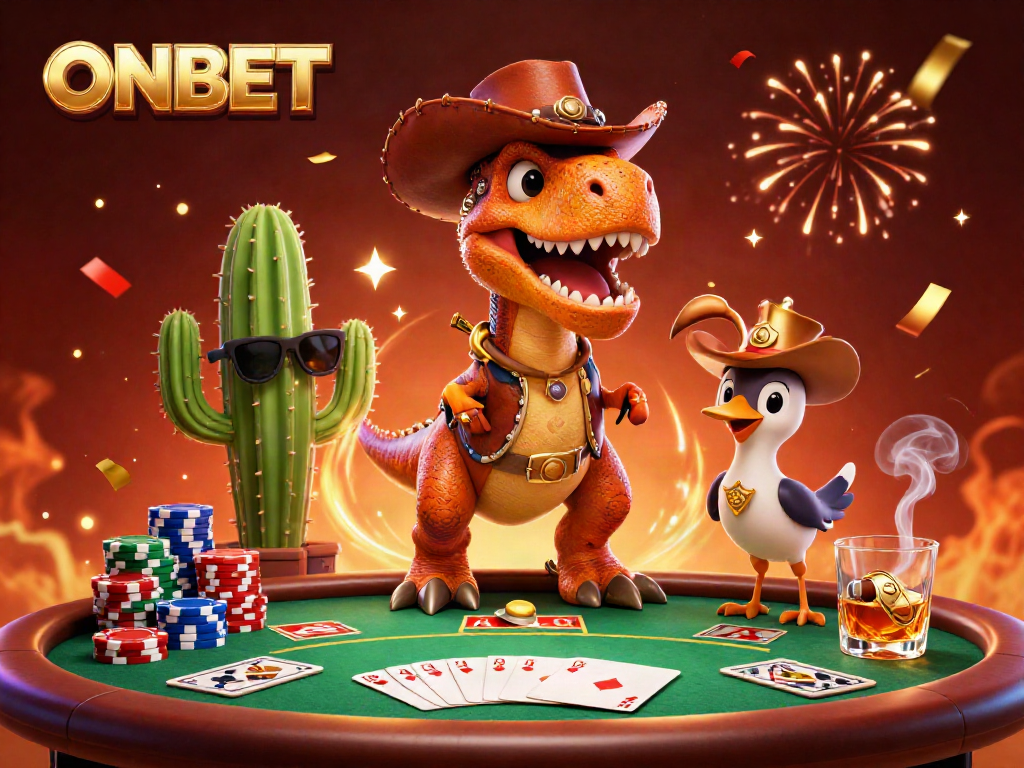 Engage in thrilling poker action with ONBET, featuring a cowboy dinosaur and vibrant game elements.