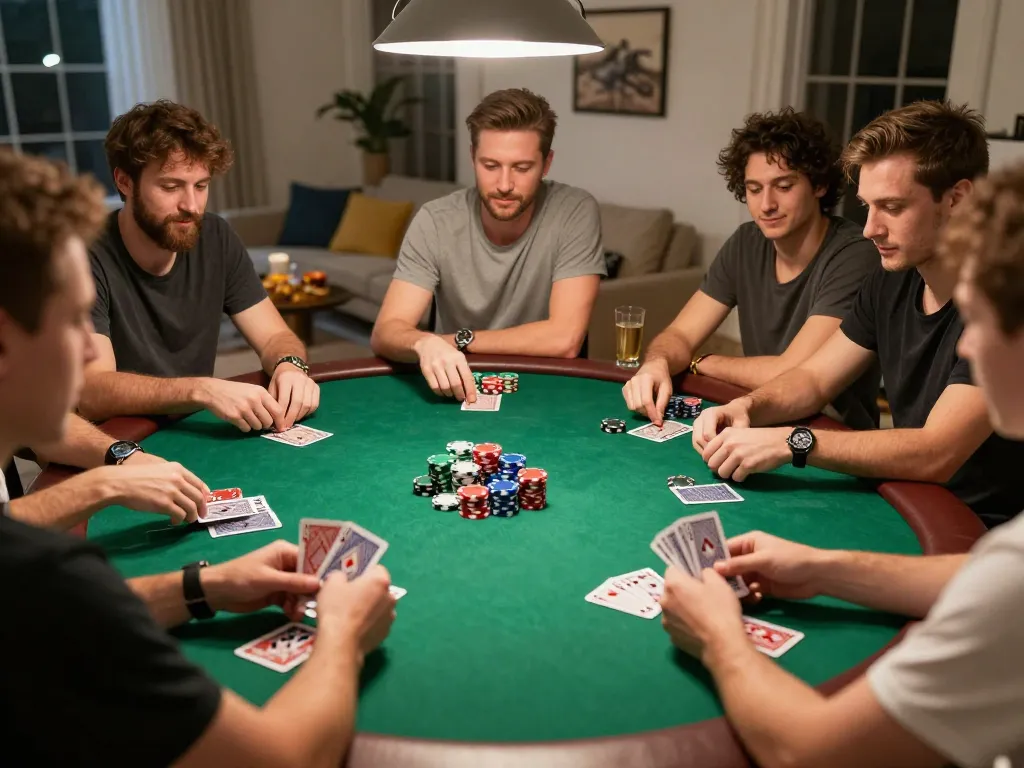 DOLA789 players enjoying a fun poker night, emphasizing strategic gameplay and social interaction at home