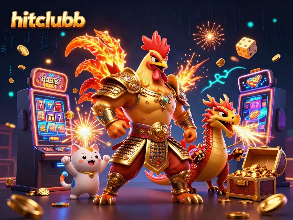 Experience the thrill of hitclubb with a dynamic 3D illustration of gaming symbols and characters.