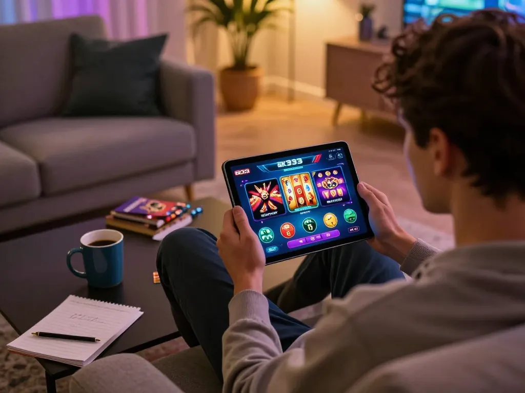 Player engaging with the EK333 casino app on a tablet in a stylish home gaming setup