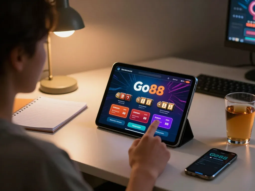 Engaging with Go88 casino app on tablet, showcasing responsible gaming setup with strategy notes.