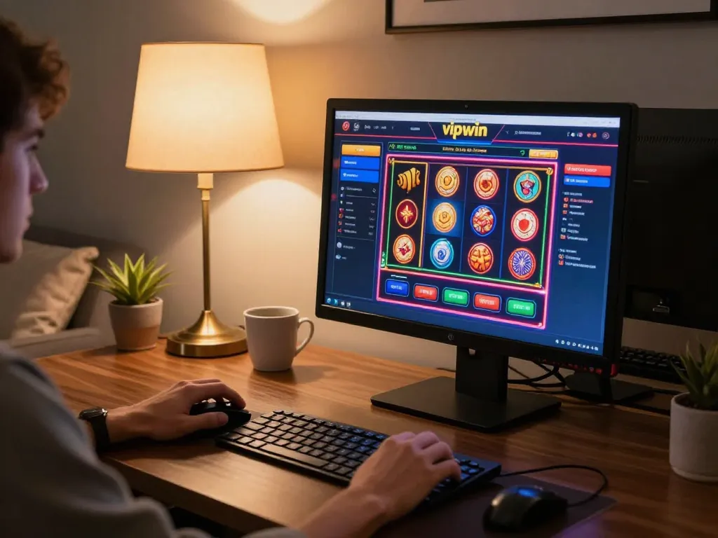 Engaging gameplay on Vipwin's online casino platform with vibrant graphics and a cozy setup.
