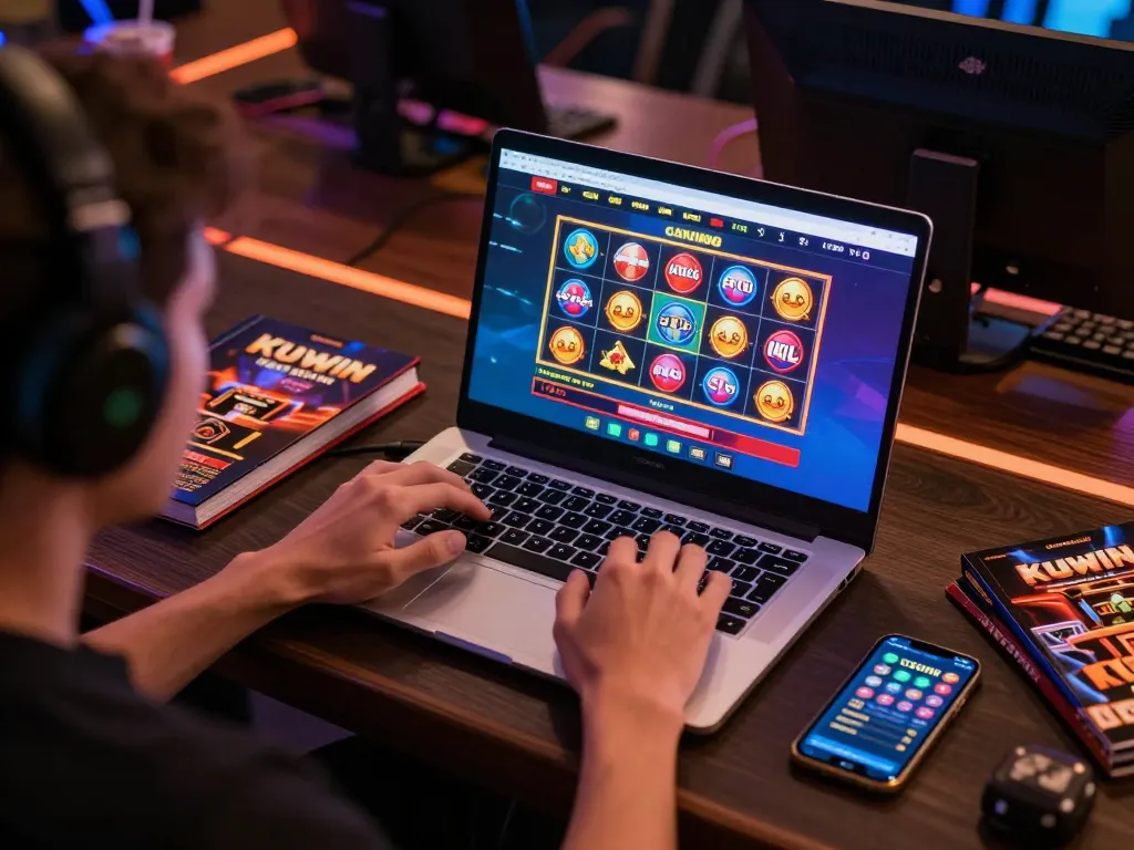 Engaged player exploring kuwin online casino games on a vibrant laptop setup