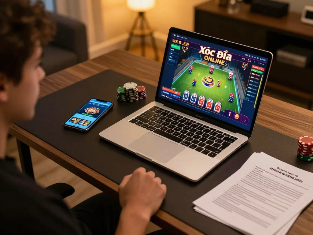 Xóc Đĩa Online gameplay displayed on a laptop with strategy notes nearby, enhancing betting strategies.