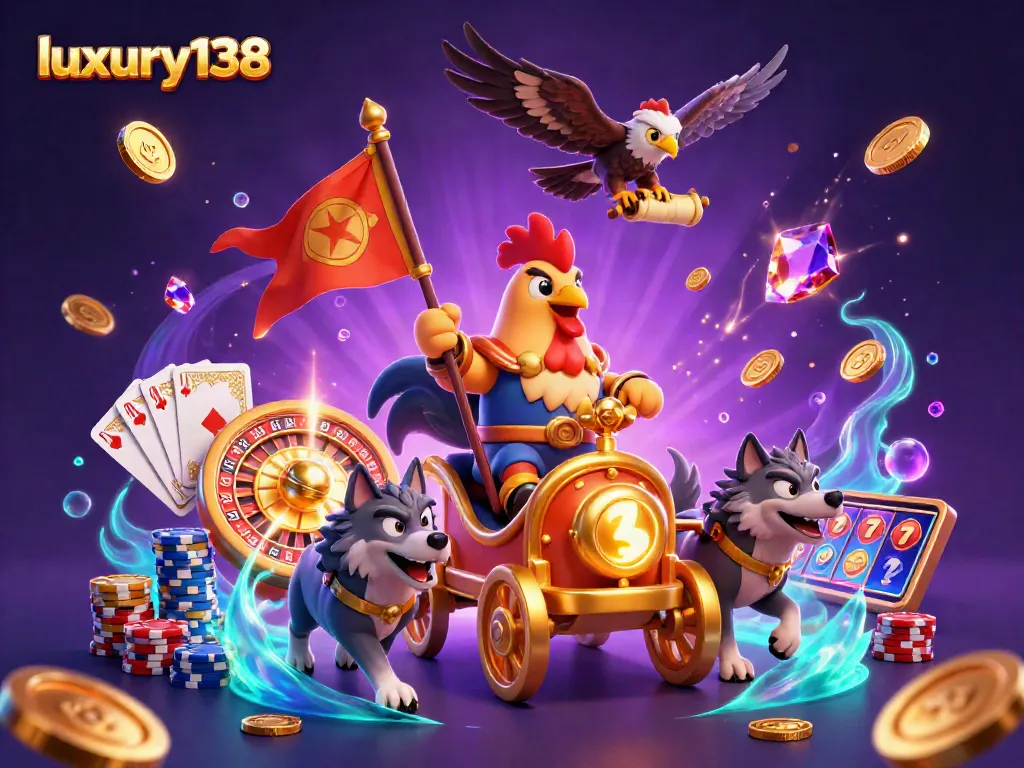 Engage with luxury138, featuring a rooster warlord amidst cascading coins and a dynamic casino environment.
