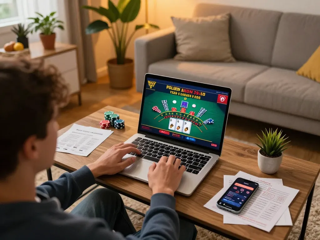 Sit at home playing sbobet online blackjack, showcasing an engaging gaming setup with vibrant decor.