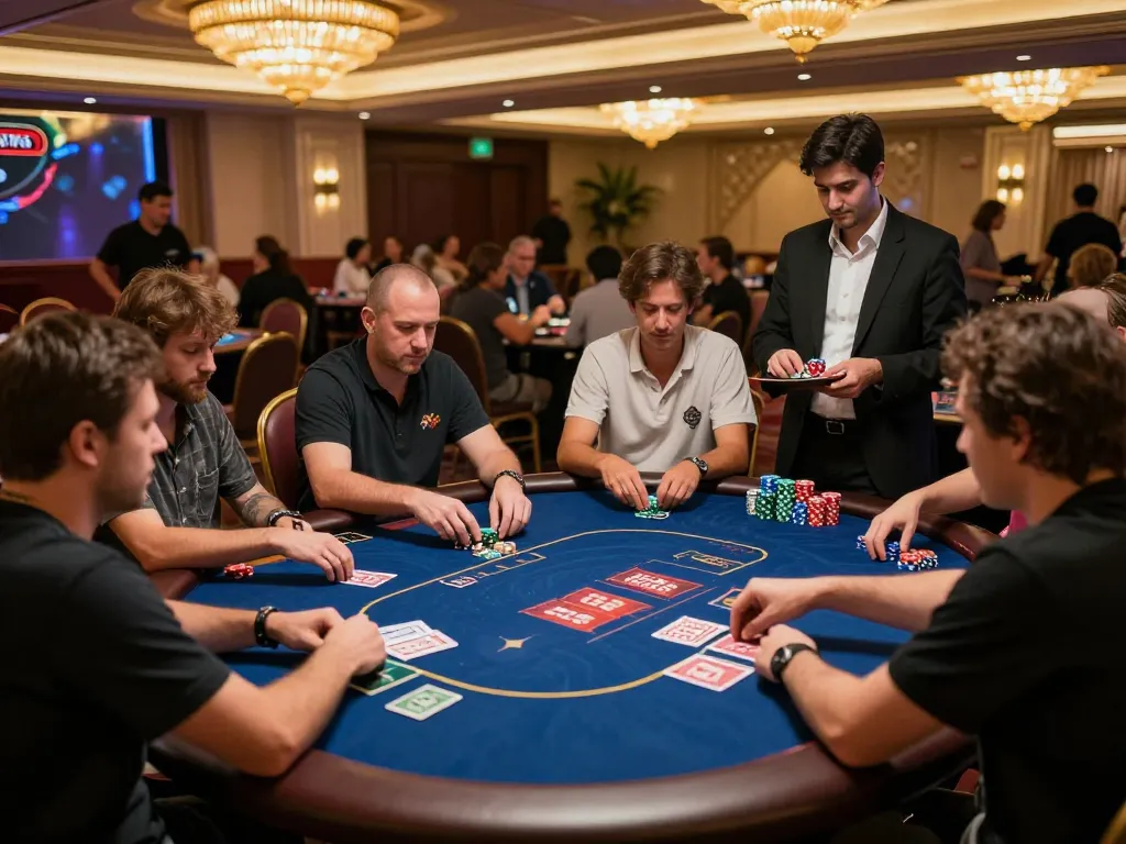 Players enjoying a strategic poker game at 23Win casino, enhanced by warm ambient lighting and vibrant atmosphere.